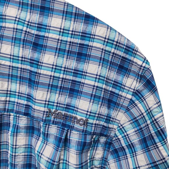 Marmot Mens‎ Blue Plaid Short Sleeve Button-Up Shirt L Nylon/Polyester - Picture 7 of 8